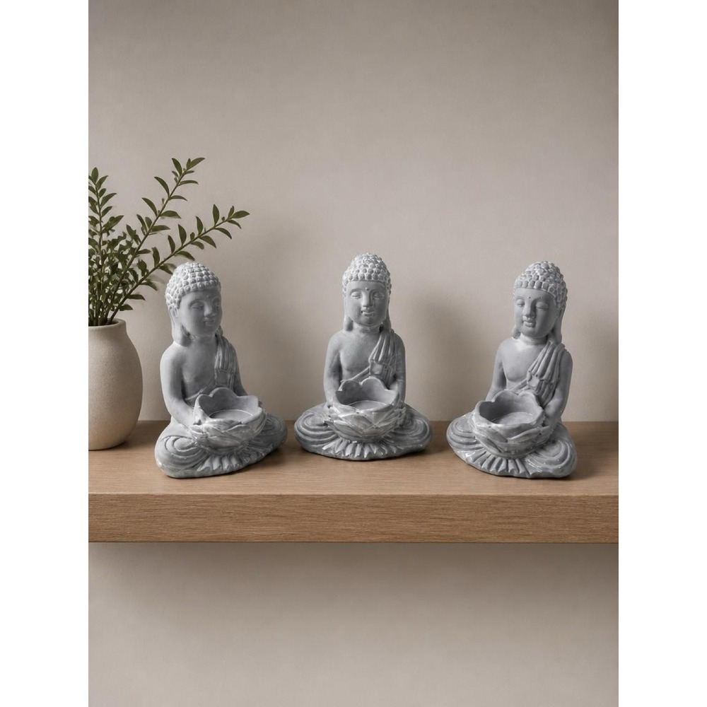 3-Piece Meditating Buddha Figurine Tea Light Candle Holder 6" Gray Zen Decor